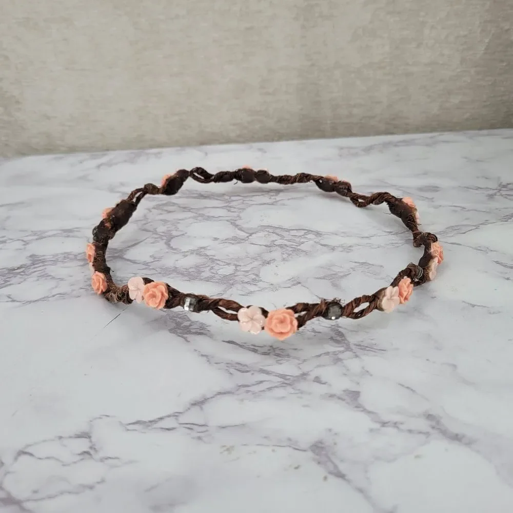 Floral Braided Headband Crown with Pink and Peach Flowers Bohi Hippie Festival